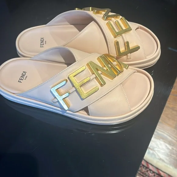 Fendi Beige and Gold Logo Sandals - Picture 2 of 6